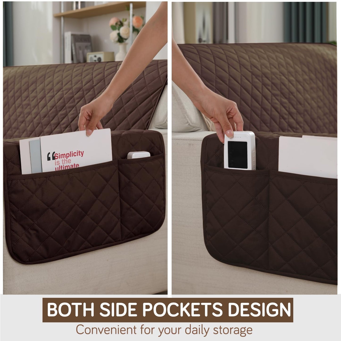 Quilted Waterproof Sofa Cover Mat with Pockets on Armrest Cover - Brown