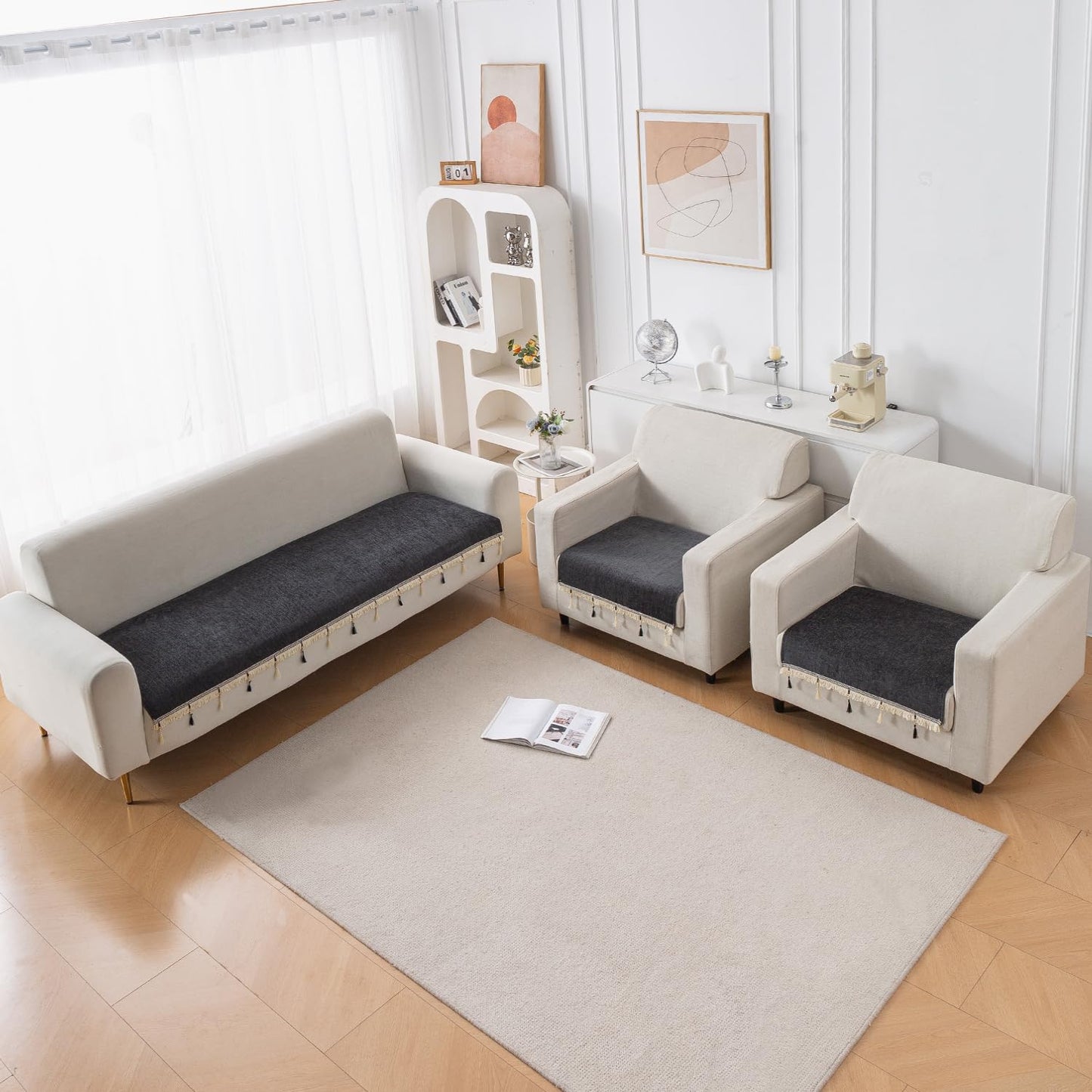 Serenity Tassel Chenille Sofa Cover with Tassel – Midnight Graphite