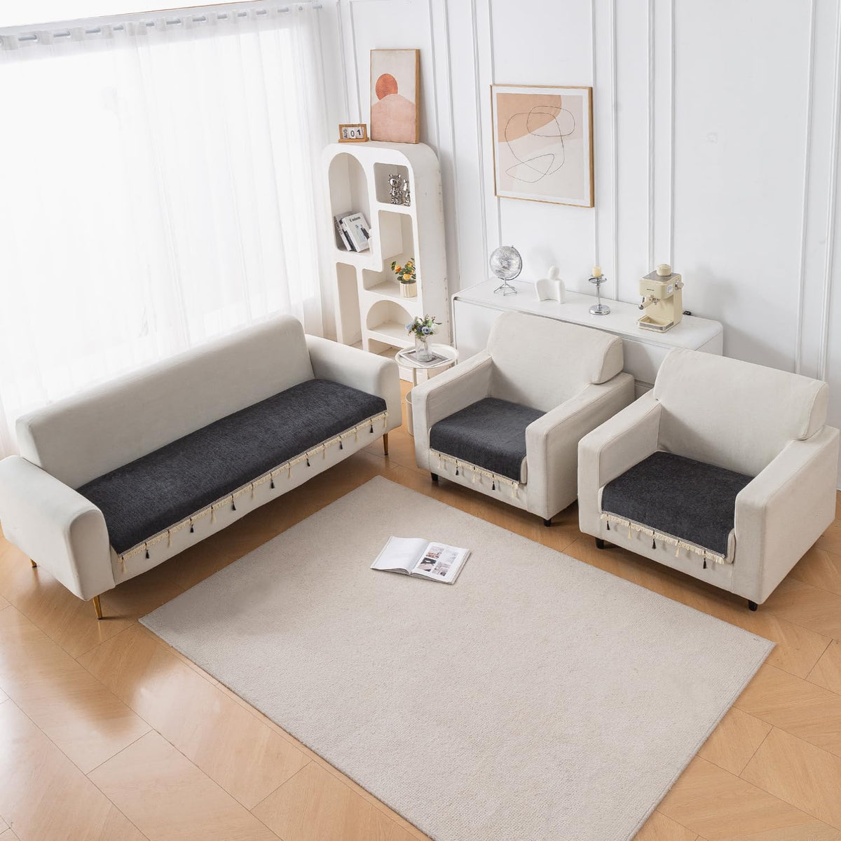 Serenity Tassel Chenille Sofa Cover with Tassel – Midnight Graphite