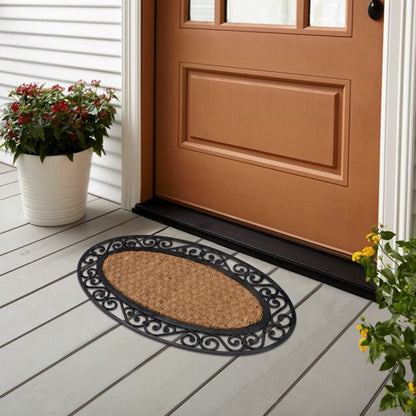 Natural Rubber Coir Oval Doormat with Designer Border, Anti-Slip Rubber Backing, 45x75 cm