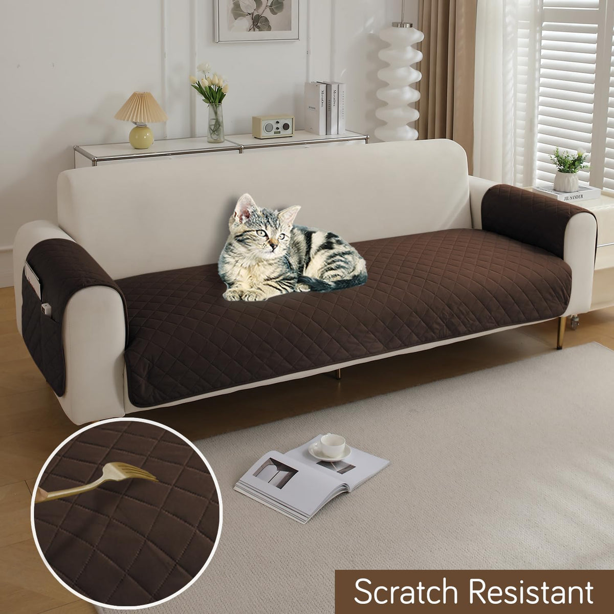 Quilted Waterproof Sofa Seat Mat for 1/2/3 Seater Sofa with 2 Armrest Covers with Pockets, Brown