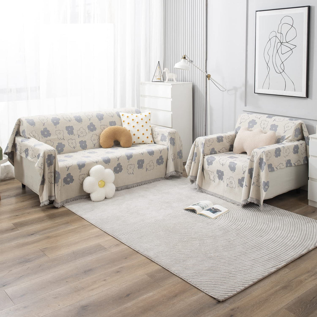 Buy 3+1 seater off white floral print colour chenille sofa throw set 
