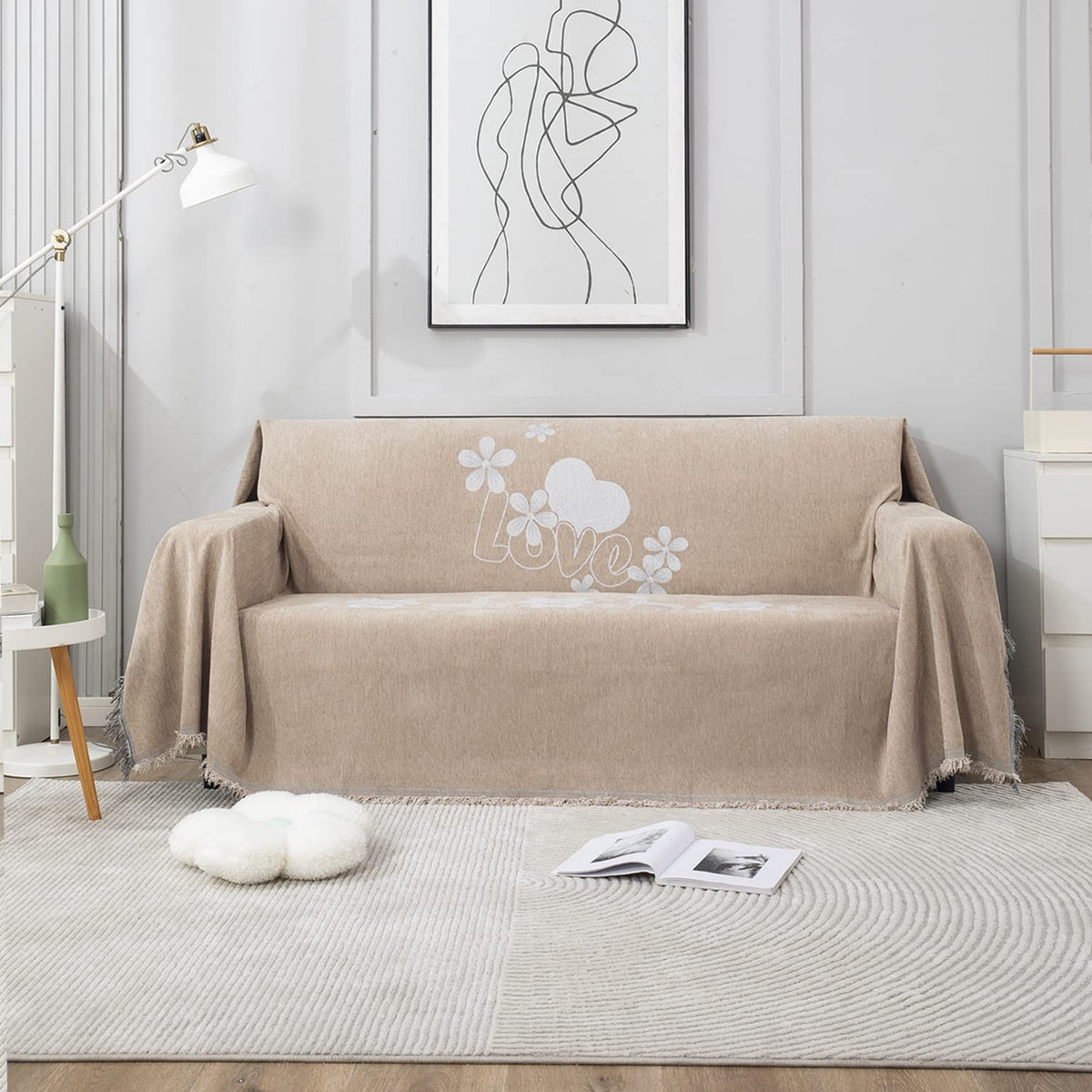 Beige Nature, Soft and Pet Friendly Chenille Sofa Cover Throw