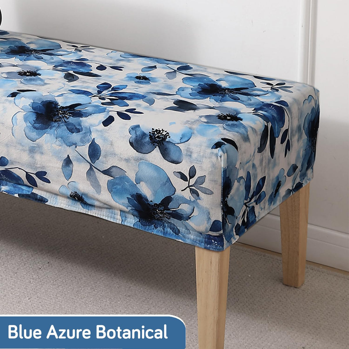 Premium Printed Velvet Elastic Dining Bench Cover, Blue Azure Botanical