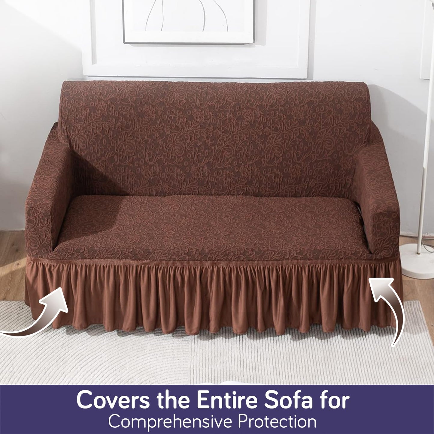 Elastic Stretchable Designer Woven Jacquard Sofa Cover with Frill , Pecan Brown