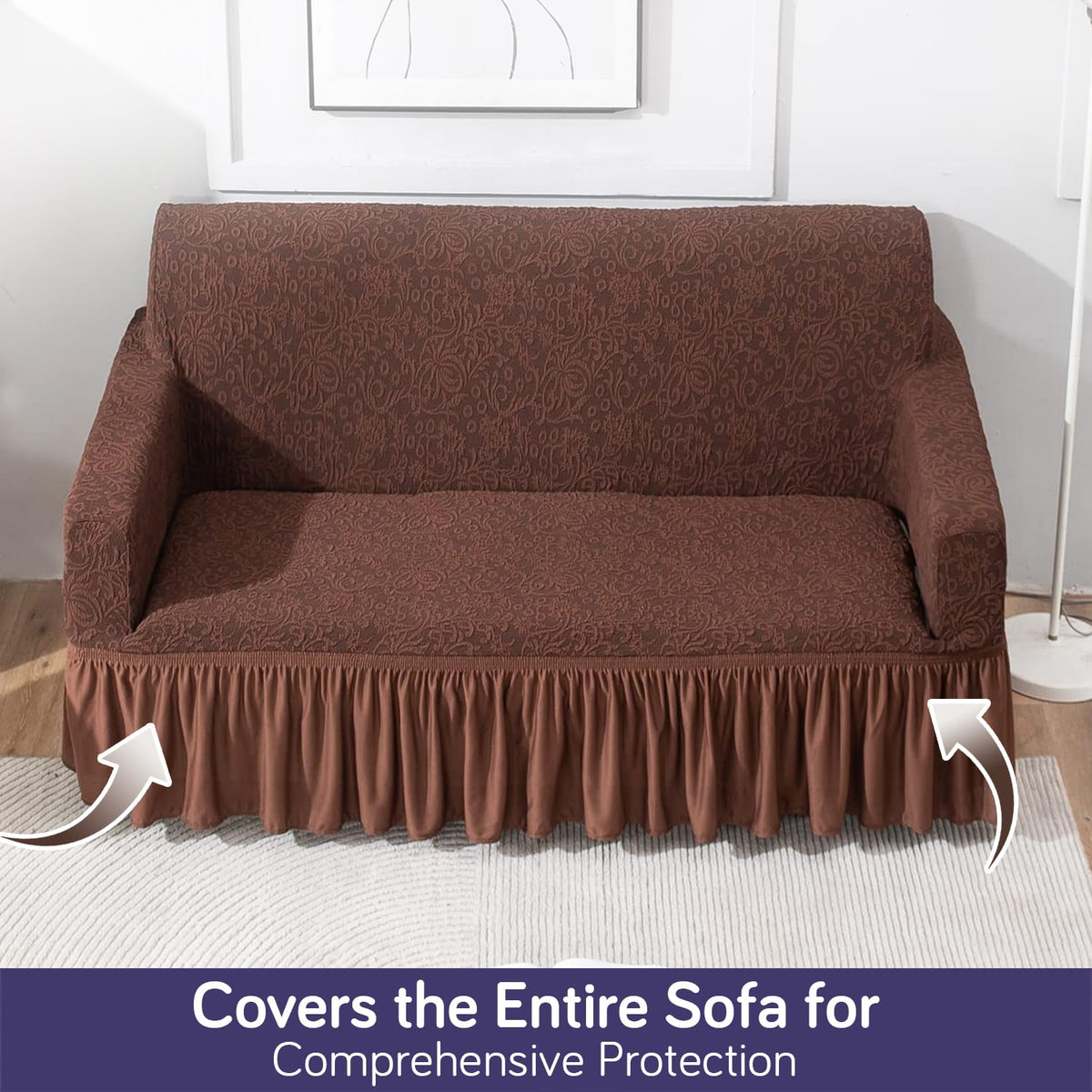 Elastic Stretchable Designer Woven Jacquard Sofa Cover with Frill , Pecan Brown