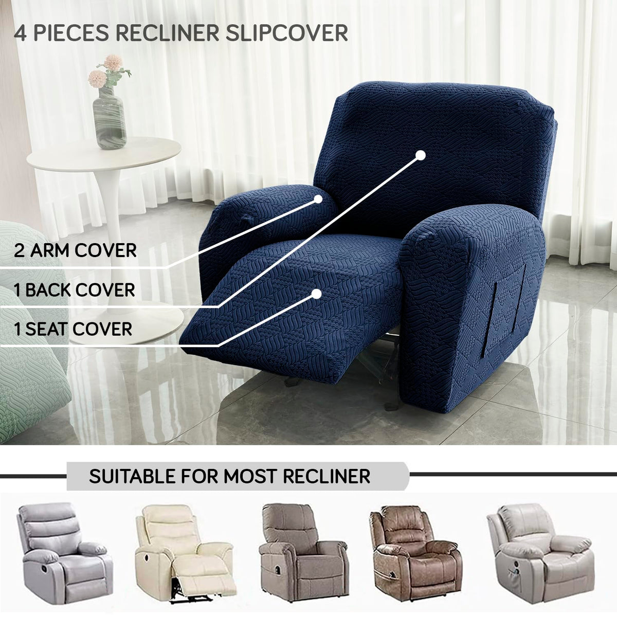Buy Navy Blue Colour Jacquard 4 Pieces Recliner Slipcover | HOKIPO