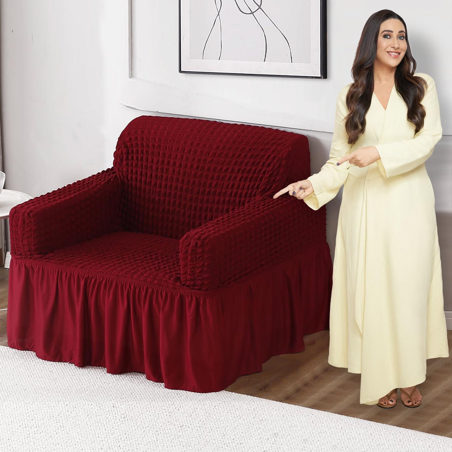Cherry Red Stretchable Turkish Bubble Frill 1 seater sofa cover