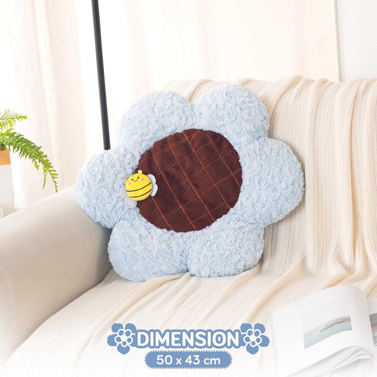HOKIPO Sunflower Bee Cushion for Sofa & Bed, 50 cm, Blue