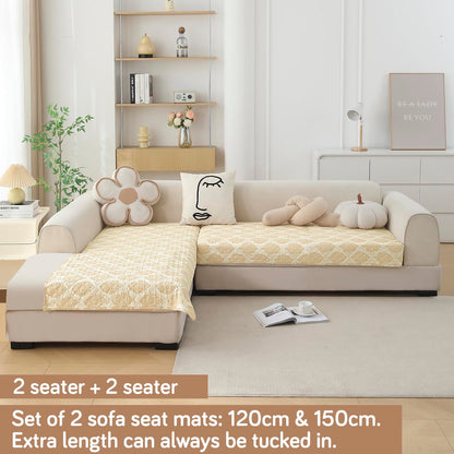 Quilted Printed L Shape Sofa Cover Mat for 2+2/3+2/3+3 Seater, Ogee Ivory