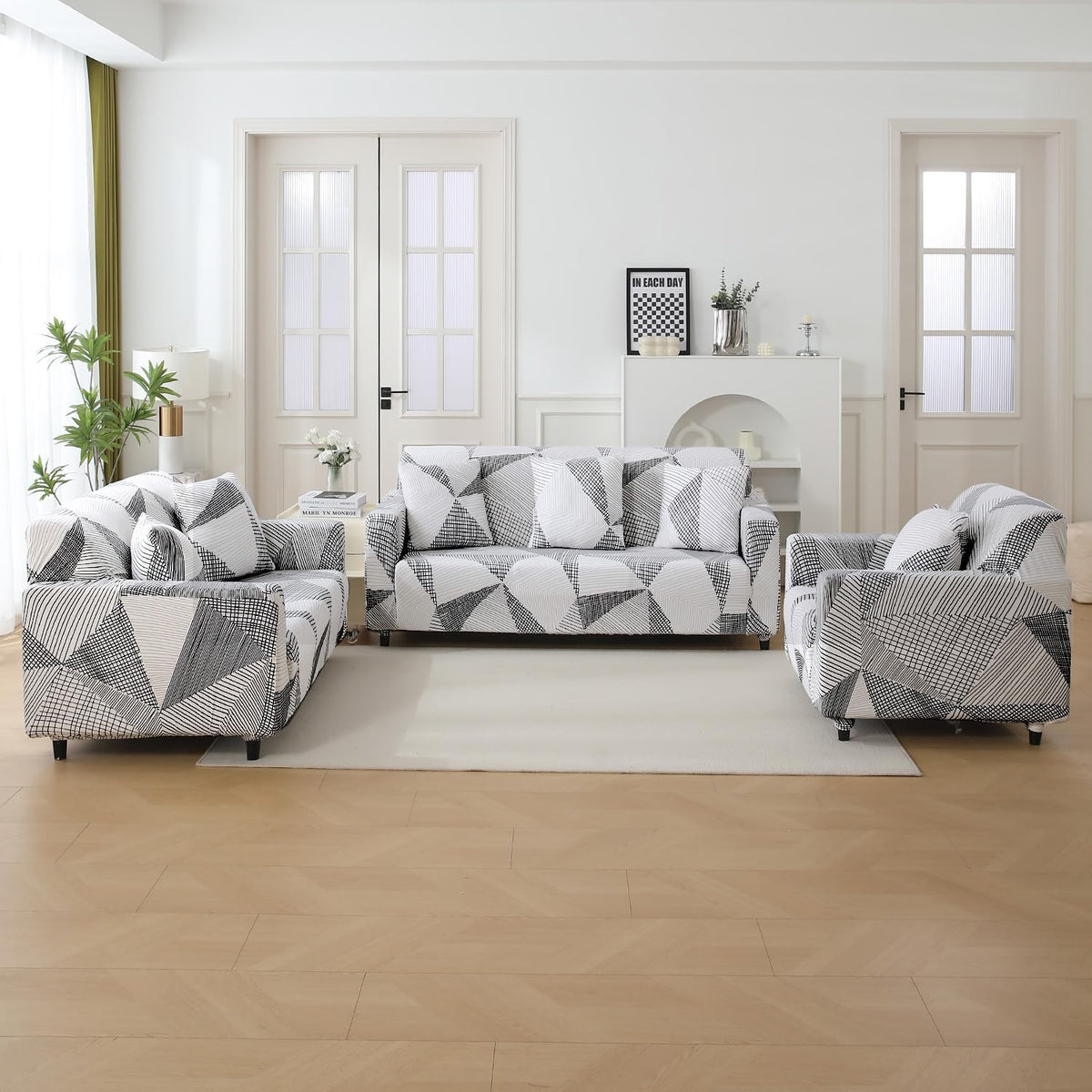 snow white black geometry print 16x16 zippered square sofa cushion covers Set of 2