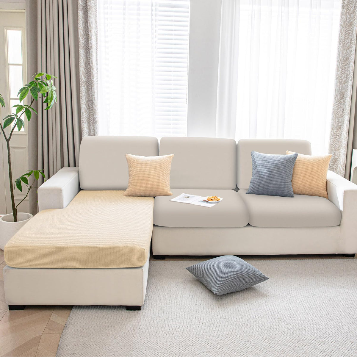 Stretchable Thick Jacquard Textured Seat Cushion Cover for 1/2/3 Seaters / Pieces for Sofa, Beige