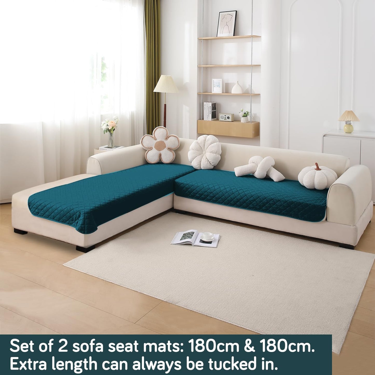 HOKIPO Waterproof Quilted Quick Dry L Shape Sofa Seat Cover Mat, Peacock Blue