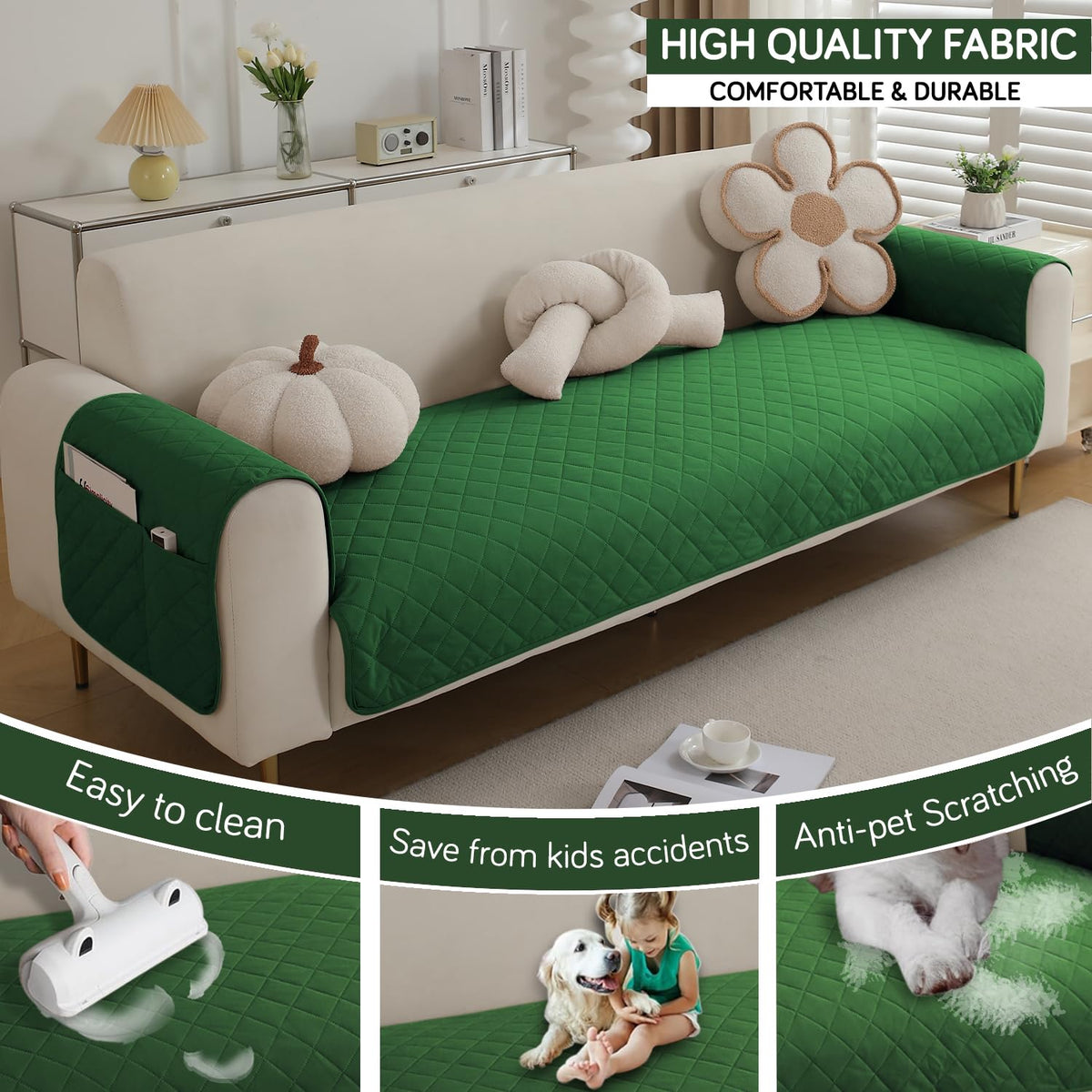 Quilted Waterproof Sofa Seat Mat for 1/2/3 Seater Sofa with 2 Armrest Covers with Pockets, Green