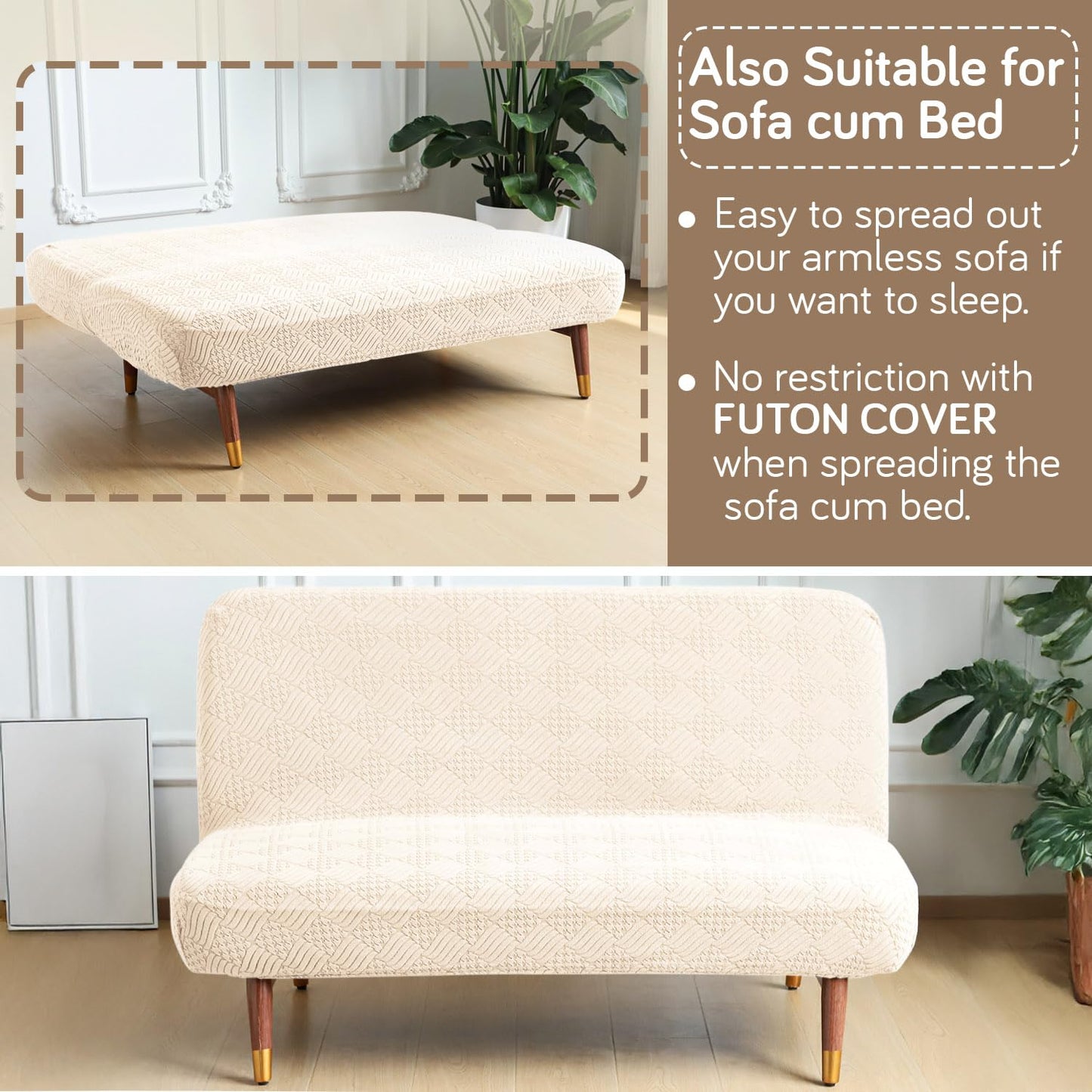 Luxurious Stretchable Spandex Jacquard Sofa-Cum-Bed Cover for Futon – Beige