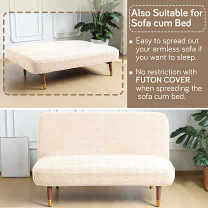 Luxurious Stretchable Spandex Jacquard Sofa-Cum-Bed Cover for Futon – Beige