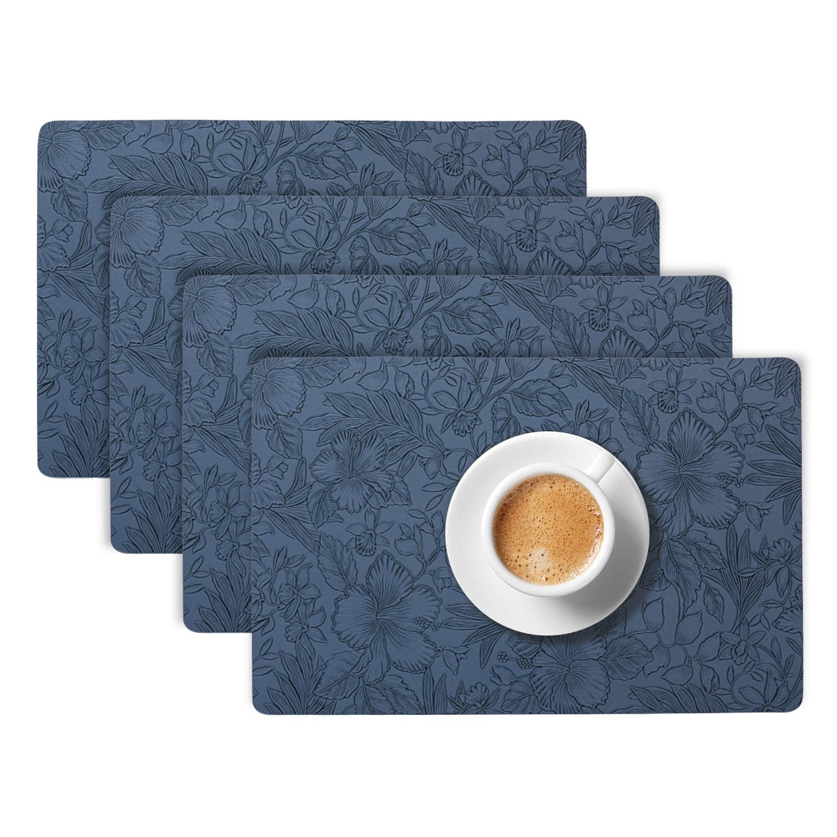 Hibiscus Bloom Washable Leather Mats for Dining Table - Navy Blue