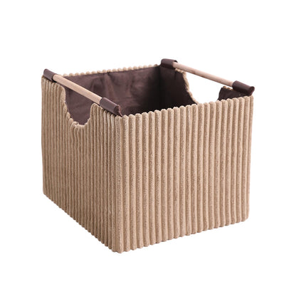 Premium Foldable Storage Bin with Wooden Handles | Corduroy Fabric Organizer Box for Wardrobe, Books, Clothes & Misc Items, Camel
