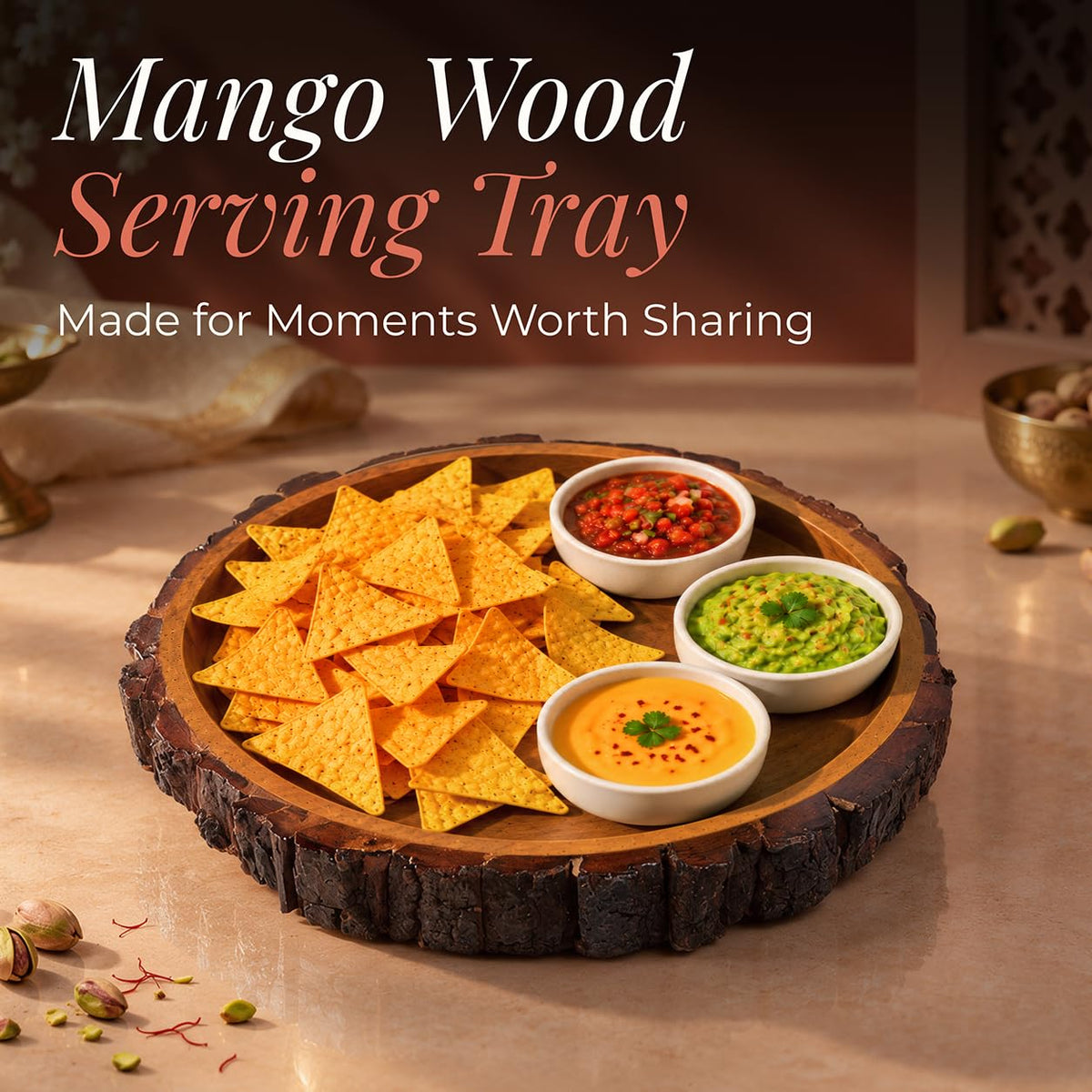 HOKIPO Arbor Mango Wood Round Serving Tray with Bark Edge, 28 cm - image 2