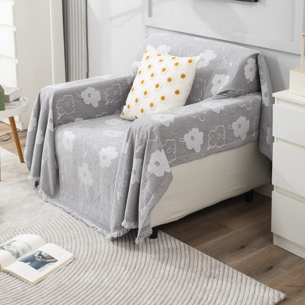 Grey Floral Chenille Sofa Throw | Thick & Soft for 1/2/3 Seater