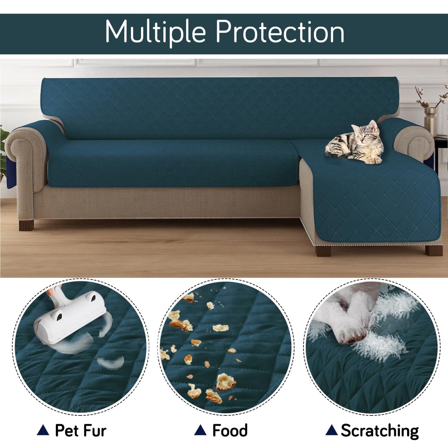 HOKIPO Quilted Reversible One Piece L Shape 4/5/6 Seater Sofa Cover Mat, Peacock Blue