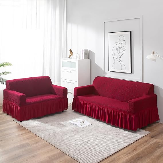 Wine Red designer woven jacquard frill sofa cover for 3 2 seater​ sofa