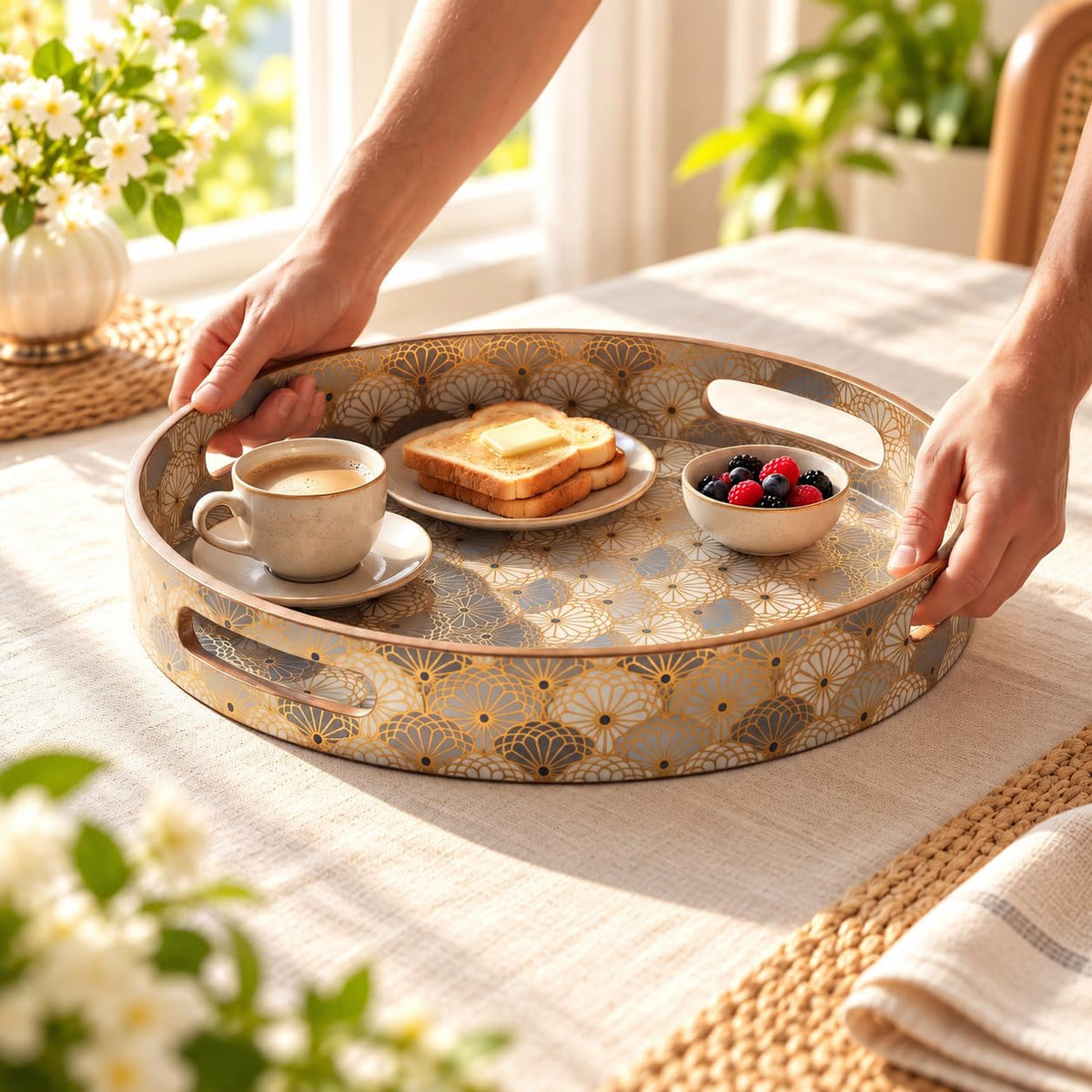 HOKIPO Round Serving Tray 12 in, Engineered Wood, Indigo Flora - image 9