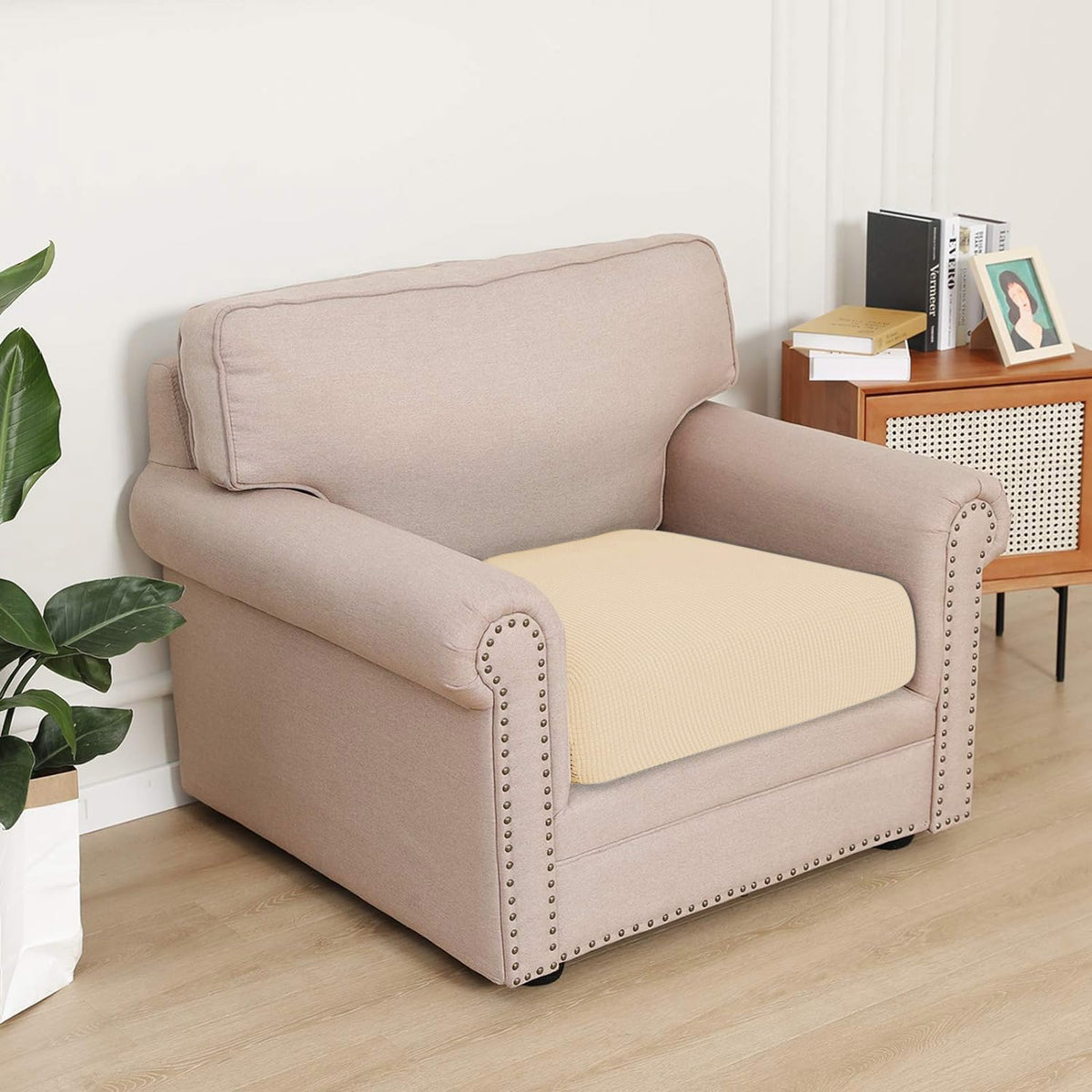 Stretchable Thick Jacquard Textured Seat Cushion Cover for 1/2/3 Seaters / Pieces for Sofa, Beige