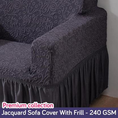 Elastic Stretchable Designer Woven Jacquard Sofa Cover with Frill, Abbey Grey