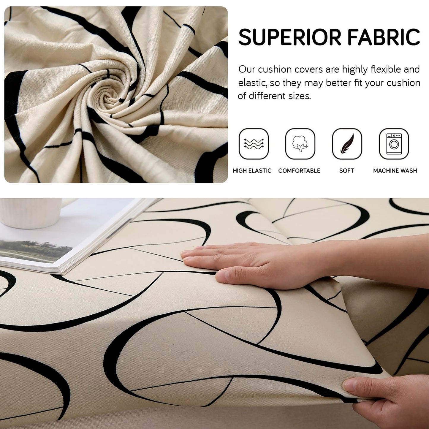 140 GSM Stretchable Printed Elastic Sofa Cushion Seat Cover for 1 /2 /3 Seaters / Pieces for Sofa, Natural Beige Abstract Art