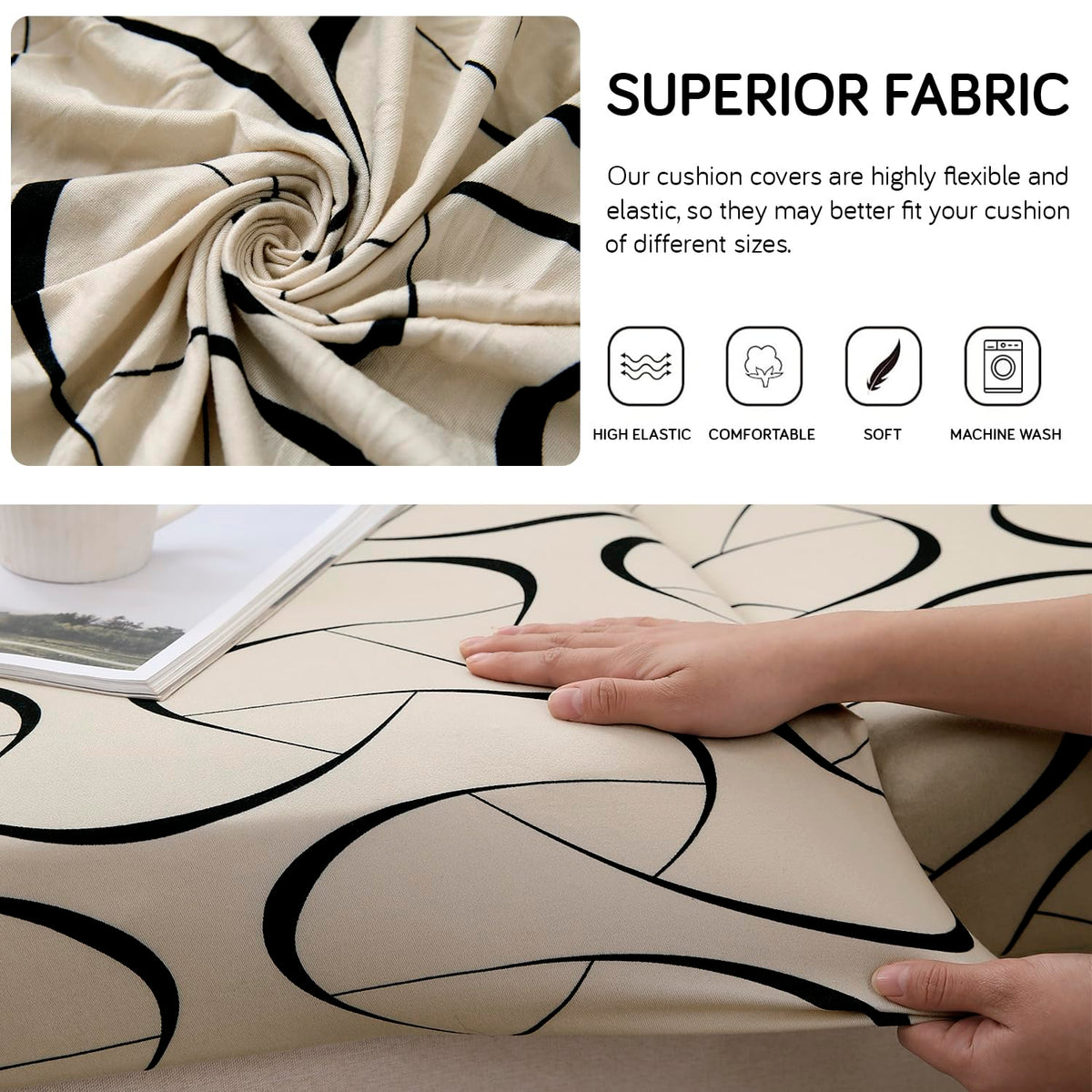 140 GSM Stretchable Printed Elastic Sofa Cushion Seat Cover for 1 /2 /3 Seaters / Pieces for Sofa, Natural Beige Abstract Art