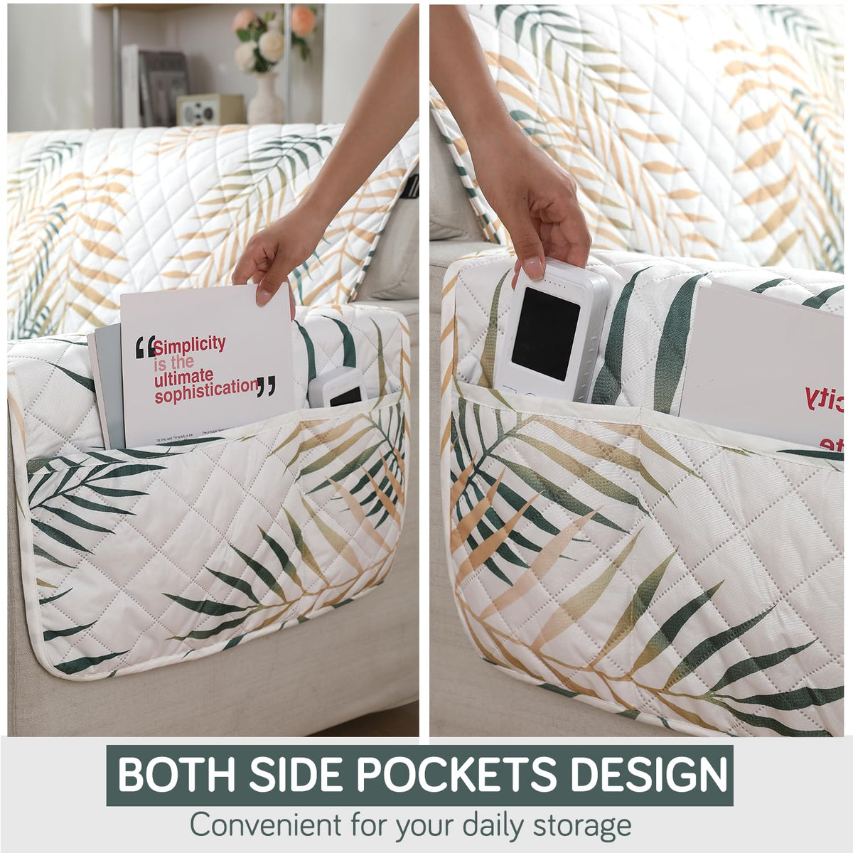 Palm Leaves Forest Green print single seater Quilted Waterproof Sofa Cover Set | Non Slip with Side Pockets