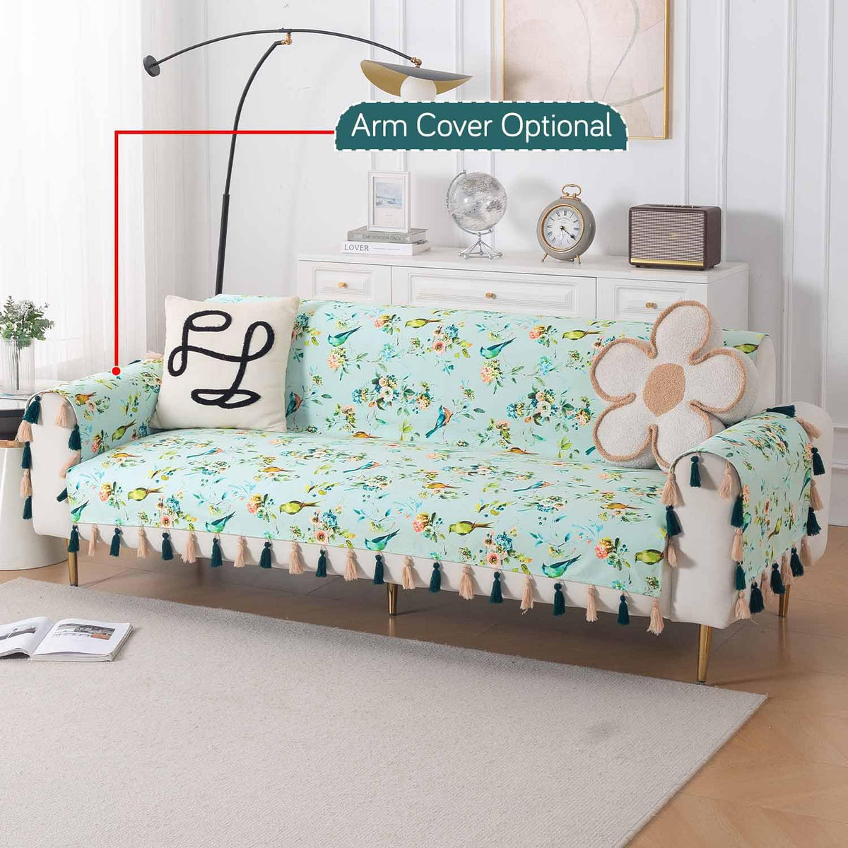 'Whispers of Nature' Series Holland Velvet Sofa Cover with Tassel, Mint Birdsong Blossom