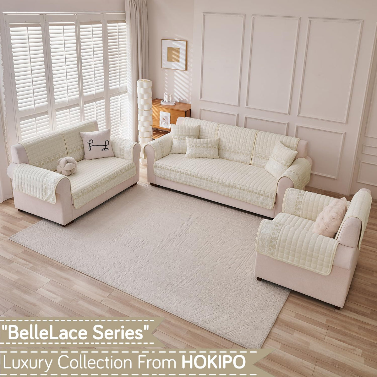 BelleLace Series Premium Imperial Milk Velvet Sofa Cover Mat with Lace Design -  Pearl White
