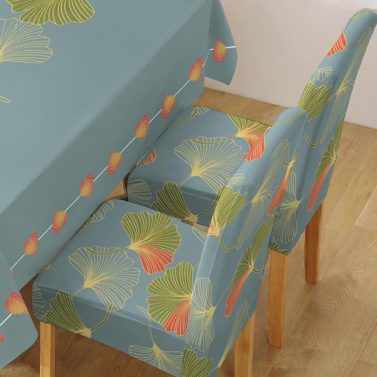 Polyester Dining Chair Covers Set of 4/6 with Matching Tablecloth, Ginkgo Blue Storm