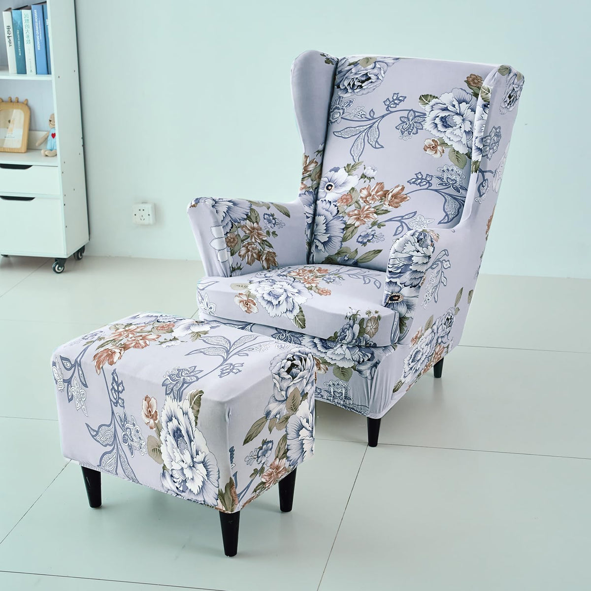 Buy Gentle Grey Dahlia Stretchable Wingback Chair & Footstool Cover