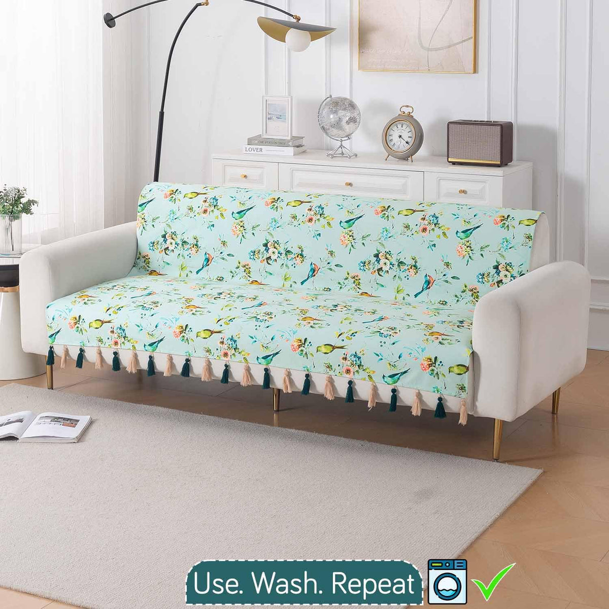 'Whispers of Nature' Series Holland Velvet Sofa Cover with Tassel, Mint Birdsong Blossom