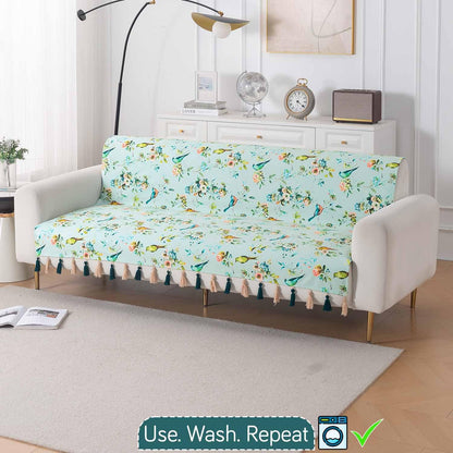 'Whispers of Nature' Series Holland Velvet Sofa Cover with Tassel, Mint Birdsong Blossom