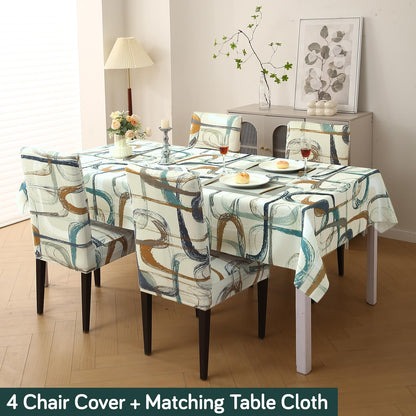 Elastic Dining Chair Covers with Matching Tablecloth, Parchement Beige Abstract Art