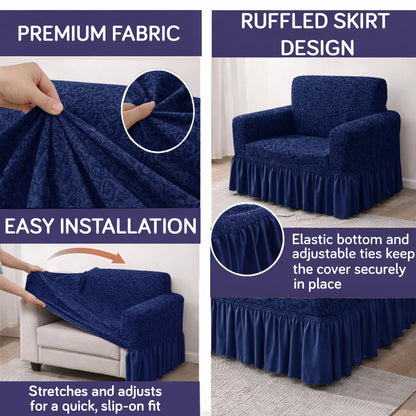 Elastic Stretchable Designer Woven Jacquard Sofa Cover with Frill, Navy Blue