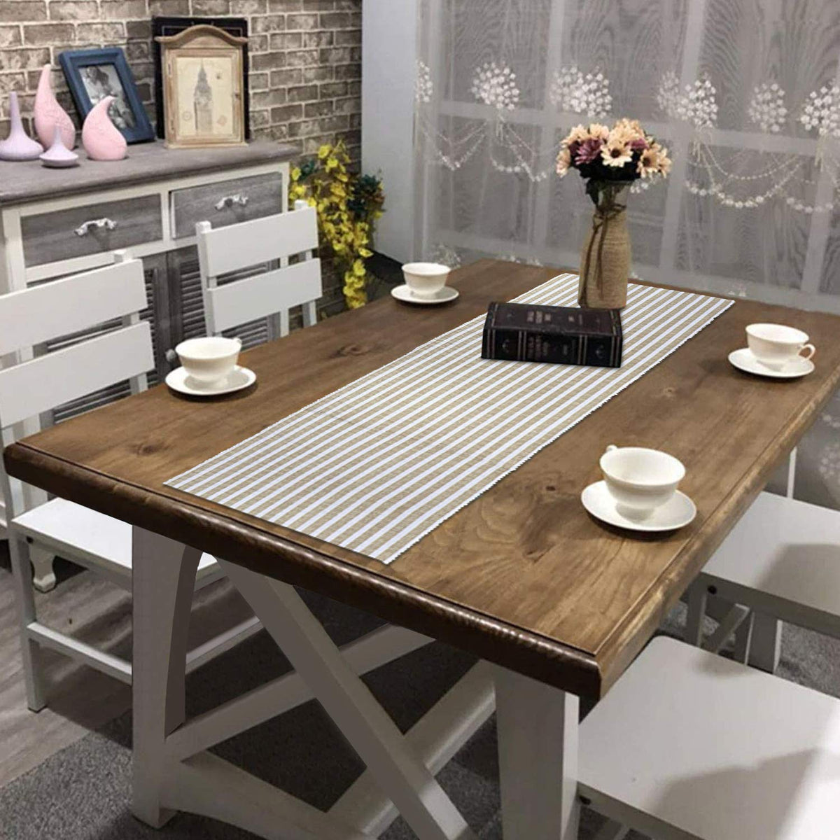 Buy Brown Colour Cotton Ribbed table runner for dining table | HOKIPO