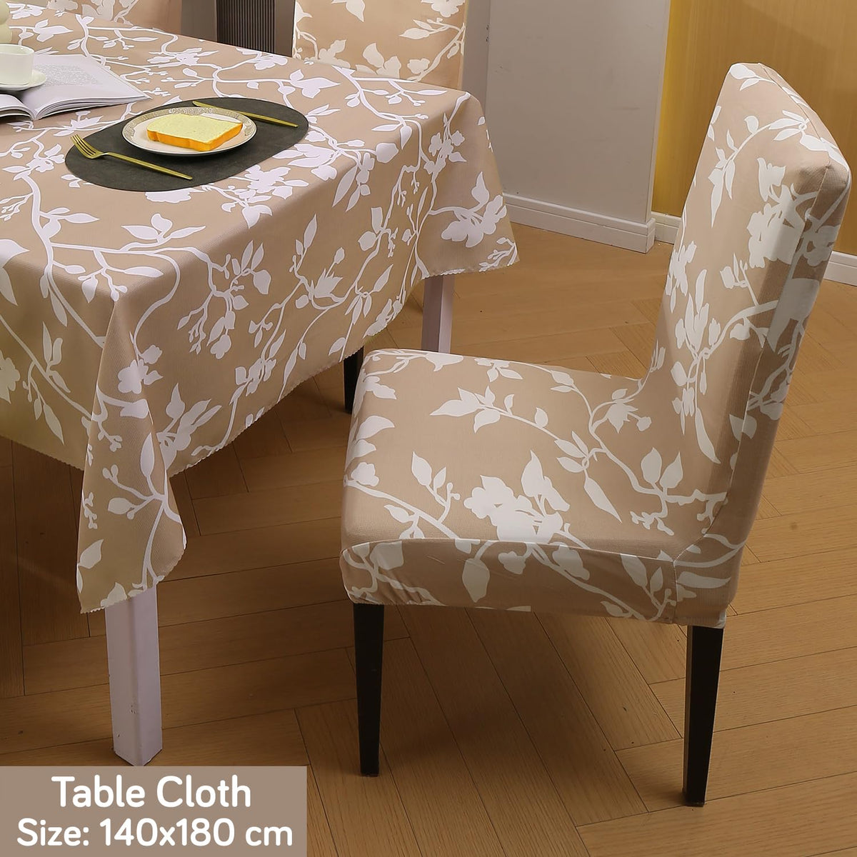 Elastic Dining Chair Covers with Matching Tablecloth, Buff Brown Sillehoute Floral