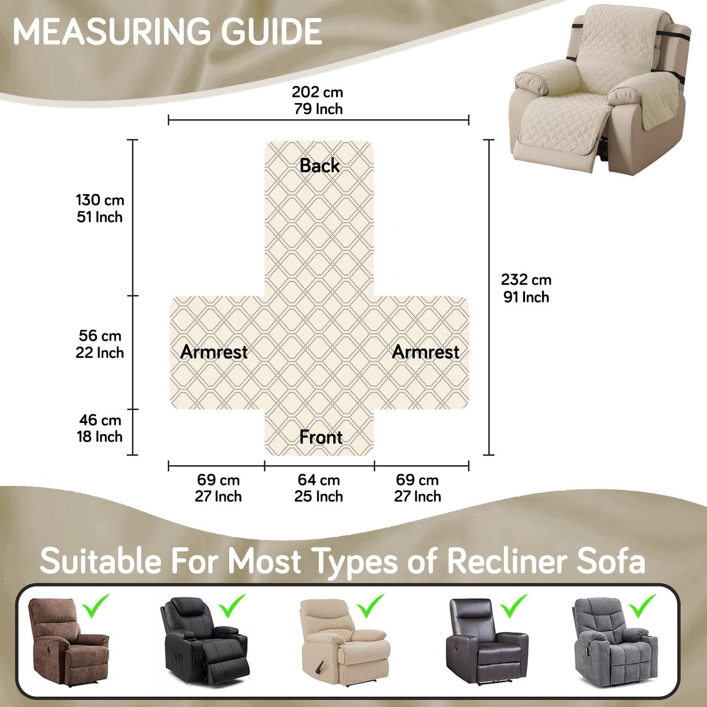 UrbanQuilt Recliner Sofa Slipcover Mat with Dual Belt for 1/2/3 Seater - Cream