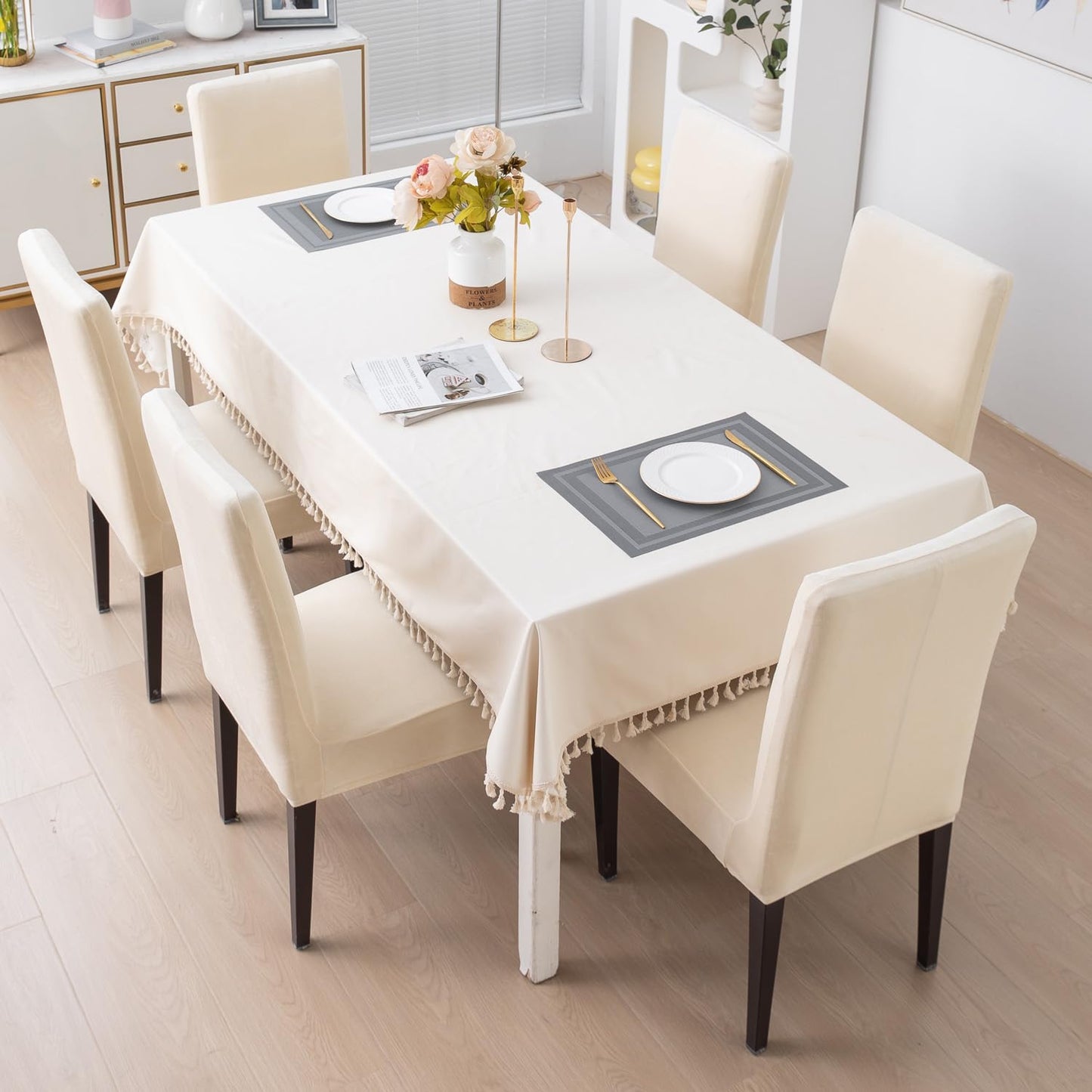 Elastic Stretchable Premium Velvet Dining Chair Cover, Beige