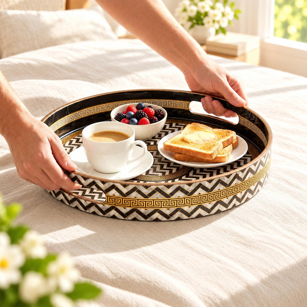HOKIPO Round Serving Tray 12 in, Engineered Wood, Noir Chevron - image 9