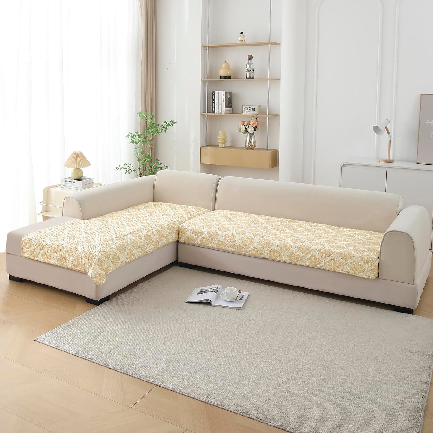 Quilted Printed L Shape Sofa Cover Mat for 2+2/3+2/3+3 Seater, Ogee Ivory