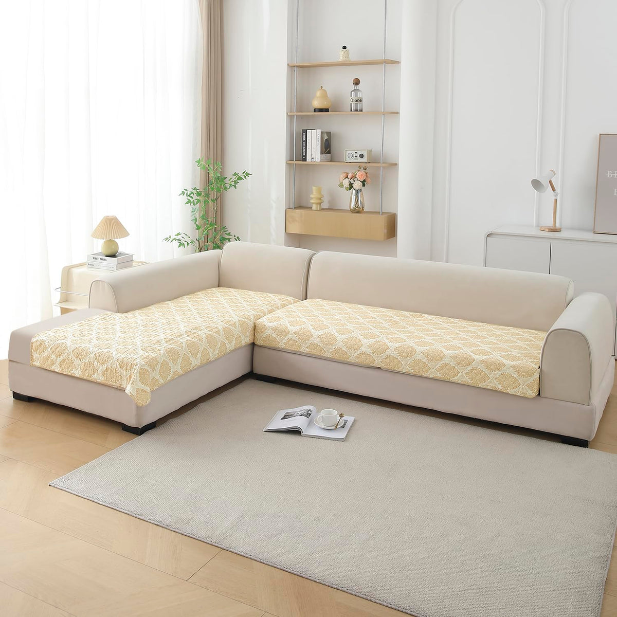 Quilted Printed L Shape Sofa Cover Mat for 2+2/3+2/3+3 Seater, Ogee Ivory