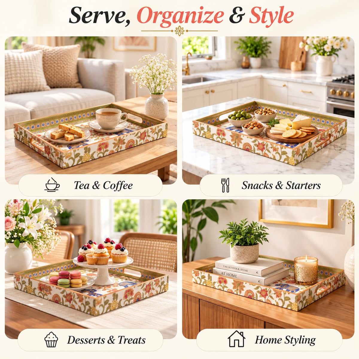 HOKIPO Serving Tray Set of 3, Engineered Wood, Royal Gulistaan - image 5