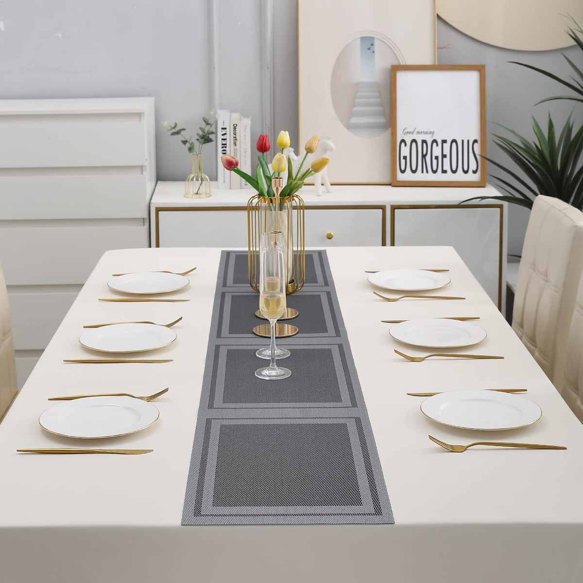 Buy Grey Colour PVC Dining Table Runner for 6 Seater Tables | HOKIPO