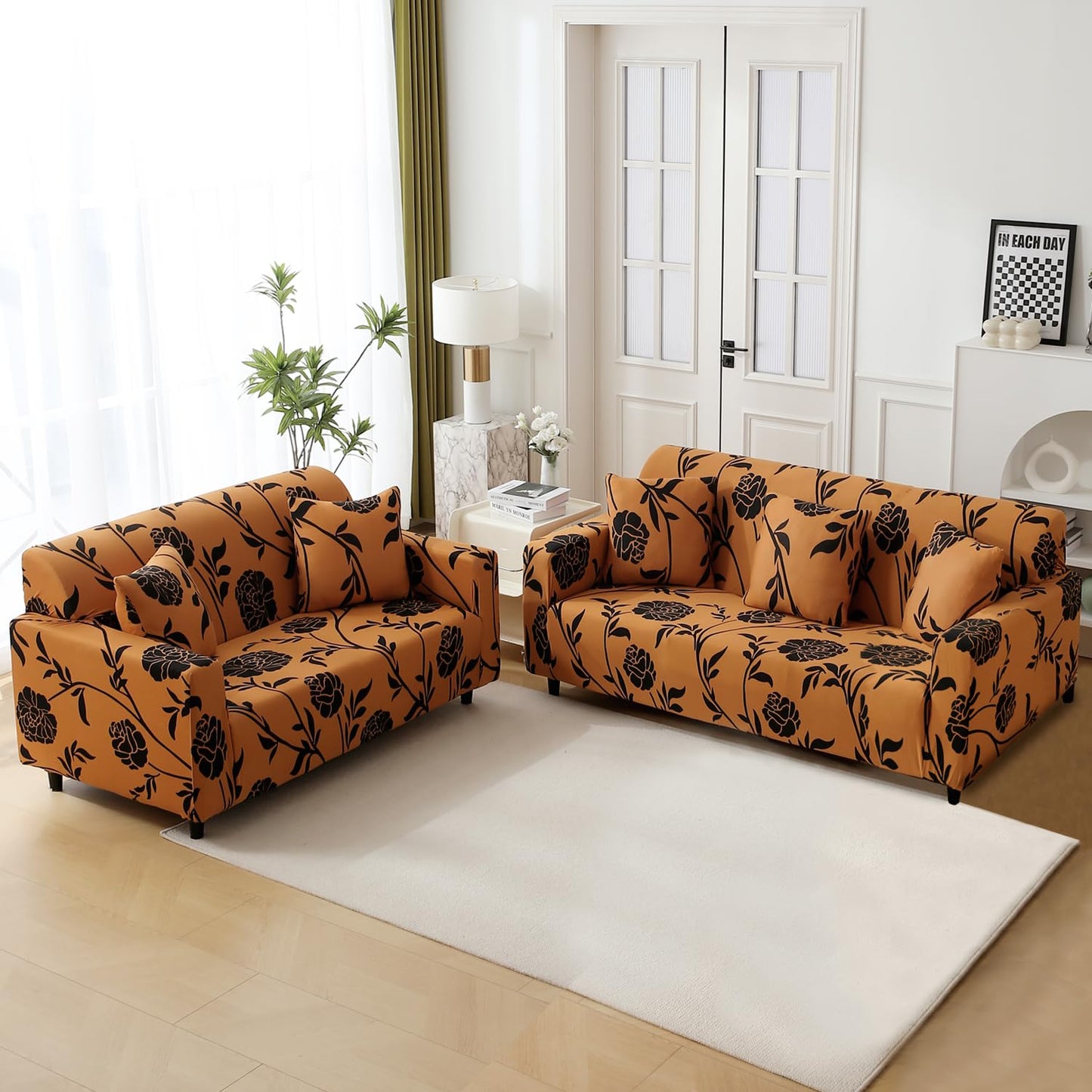 Elastic Stretchable Printed 140gsm Fully Covered Sofa Cover, Copper Brown Floral